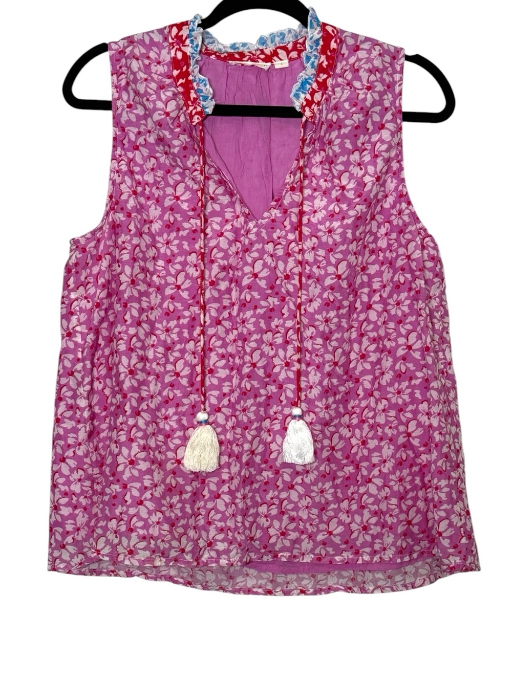 Roller Rabbit Blouse Size Large Pink V Neck‎ Sleeveless Floral Tassel Tunic